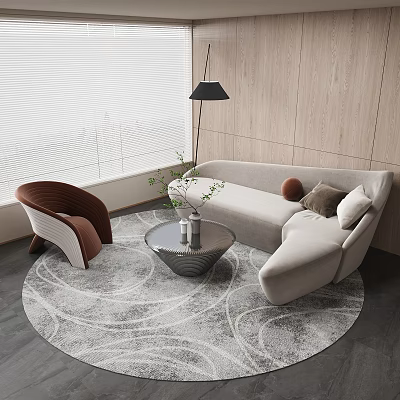 Modern Sofa And Coffee Table Set With Round Rug Accent Chair Floor Lamp Green Plant 3d model