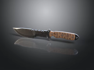 Tactical Survival Knife With Sharp Metal Serrated Blade And Non Slip Textured Brown Handle 3d model