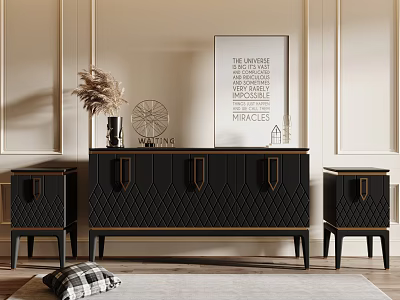 Elegant Black Entryway Console Table With Side Cabinets Diamond Pattern Gold Handles And Decorative Artwork 3d model