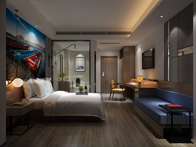 Modern Hotel Guest Room With Comfortable Bed Flat Screen TV And Cozy Seating Area 3d model