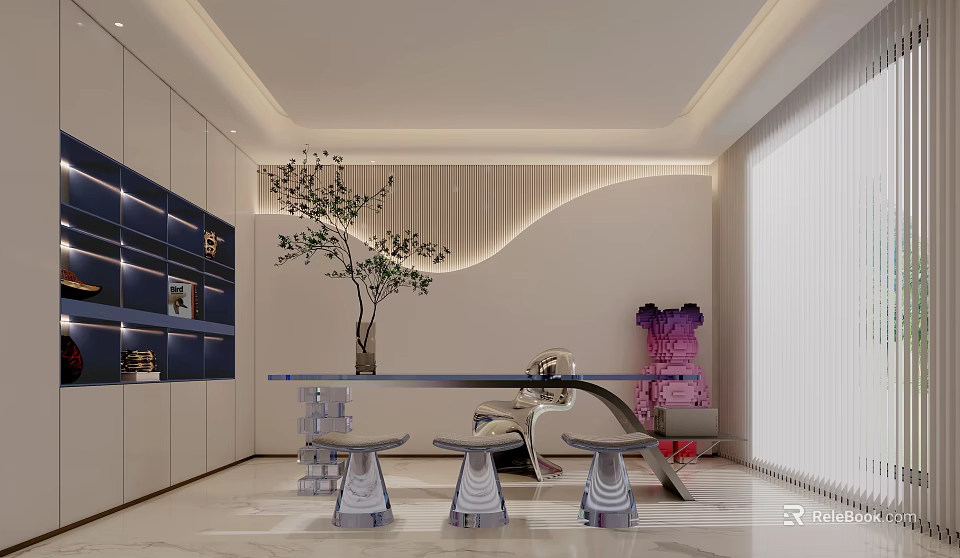 Modern Open Study Room Interior Design With Writing Desk And Bookshelves 3d model 