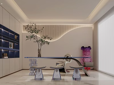 Modern Open Study Room Interior Design With Writing Desk And Bookshelves 3d model