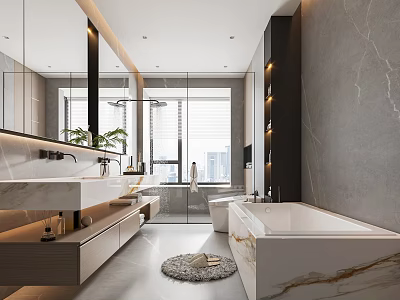 Modern Interior Design Of Bathroom With Bathtub Vanity And Large Window 3d model