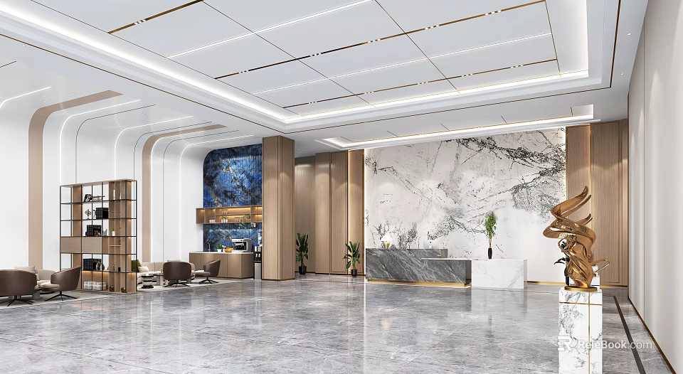 Modern Reception Desk In Elegant Lobby With Marble Wall Spacious Area And Plants 3d model 