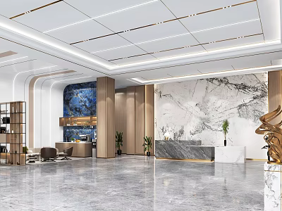 Modern Reception Desk In Elegant Lobby With Marble Wall Spacious Area And Plants 3d model