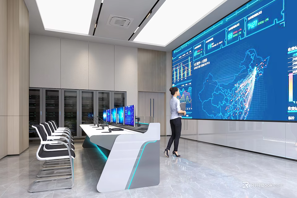 Modern Control Room With Large Digital Screen Data Visualization Control Desk And Server Racks 3d model 