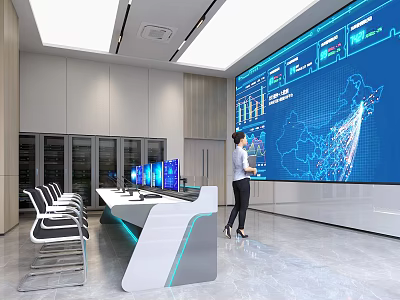 Modern Control Room With Large Digital Screen Data Visualization Control Desk And Server Racks 3d model