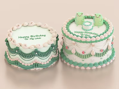 Green And White Birthday Cakes With Frog Decorations Cream Lace And Happy Message 3d model
