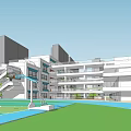 Modern School Building Open Multi Story Structure With Basketball Court Green Lawn And Students Activities