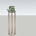 Bonsai Potted Plant with Green Leaves on Copper Metal Stand and White Pot