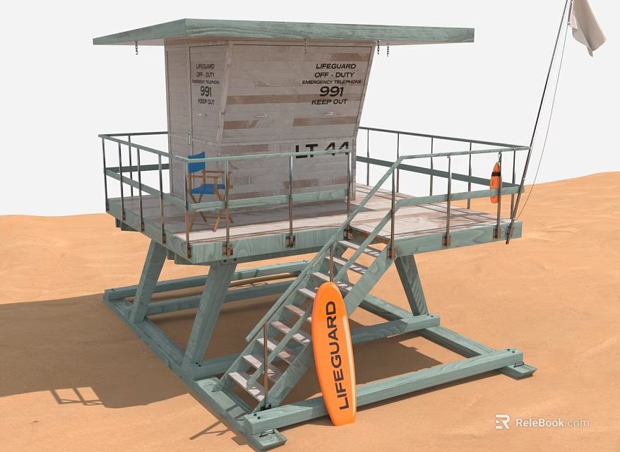 Beach Lifeguard Tower With Stairs Railing And Orange Surfboard On Sand 3d model 