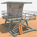 Beach Lifeguard Tower With Stairs Railing And Orange Surfboard On Sand