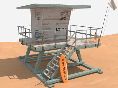 Beach Lifeguard Tower With Stairs Railing And Orange Surfboard On Sand 3d model