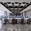 Modern Public Office Space With Hexagonal Ceiling Lights Workstations And Computers 3d model