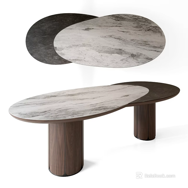 Modern Oval Dining Table With Marble Top And Wooden Legs 3d model 