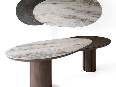 Modern Oval Dining Table With Marble Top And Wooden Legs 3d model