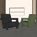 Stylish Gray and Green Armchairs in Modern Room With Wooden Wall White Shelf and Window