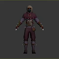Hooded Game Character in Maroon Outfit With Arm Guards Belt Pouch Standing Pose