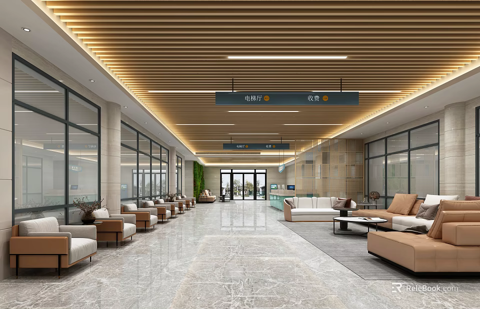 Spacious Modern Lobby Interior With Glass Windows Wooden Ceiling Directional Signage And Comfortable Seating 3d model 
