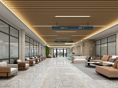 Spacious Modern Lobby Interior With Glass Windows Wooden Ceiling Directional Signage And Comfortable Seating 3d model