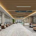 Spacious Modern Lobby Interior With Glass Windows Wooden Ceiling Directional Signage And Comfortable Seating