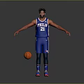 Basketball Player in Blue Philadelphia Jersey Number 21 Standing with Arms Outstretched and Basketball