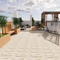 Beautiful Courtyard Garden With Wooden Walkway Gravel Ground Stones Plants Lantern And White Walls