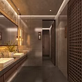 Elegant Modern Bathroom Interior With Double Vanity Marble Walls Mirror Pendant Lights And Green Plant