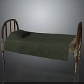 Rusted Iron Bed Frame with Red White Accents and Green Cloth Covered Mattress