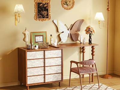 Vintage Wooden Dressing Table with Drawers Butterfly Decor Lamp Vase Chair and Wall Art 3d model