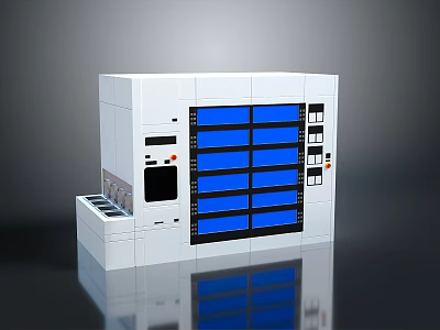 White Industrial Equipment Cabinet With Blue Control Panels And Operational Modules 3d model