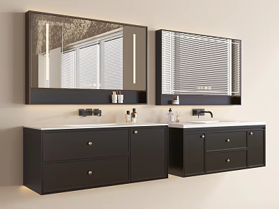 Modern Black Double Bathroom Vanity with White Countertop Mirrors Drawers and Toiletries 3d model