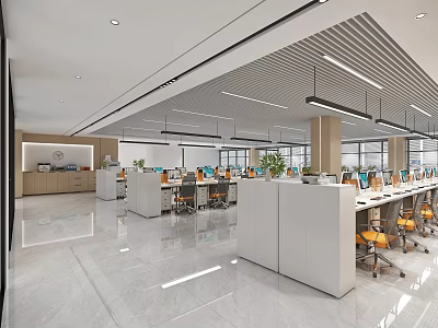 Modern Spacious Public Office Space Design With Workstations Plants And Lighting 3d model