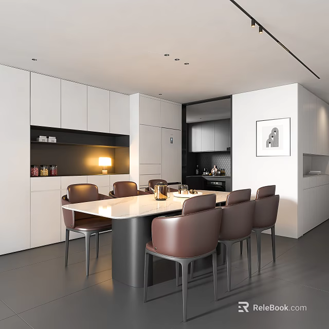 Modern Restaurant Interior With White Cabinets Dining Table And Brown Chairs 3d model