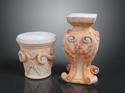 Two Decorative Stone Columns With Ornate Scroll Carvings And Grape Motifs 3d model