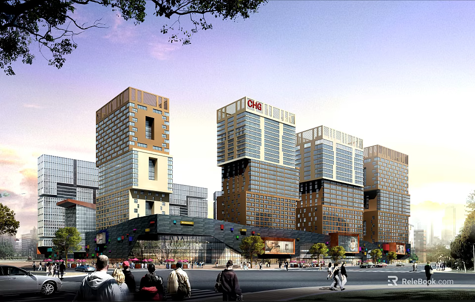 Modern Commercial High Rise Buildings With Glass Facade And Urban Street Pedestrians 3d model 