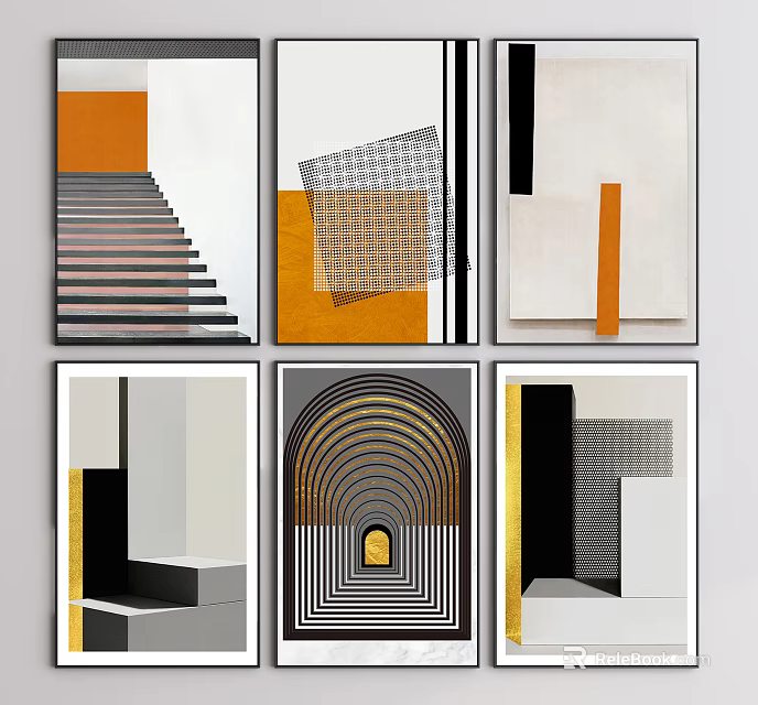 Abstract Geometric Art Prints With Orange Black White Gold Framed Wall Decor 3d model 