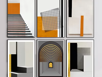 Abstract Geometric Art Prints With Orange Black White Gold Framed Wall Decor 3d model
