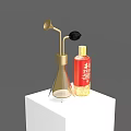 Gold Perfume and Red Cosmetics Bottles on White Display Stand with Blue Paris Logo