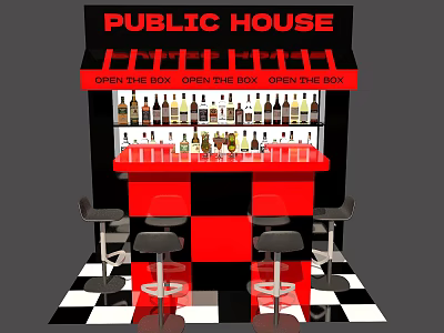 Public House Interior With Open The Box Sign Wine Racks And Red Bar Counter 3d model