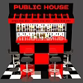 Public House Interior With Open The Box Sign Wine Racks And Red Bar Counter