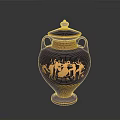 Black Ceramic Vase With Lid Handles And Golden Sculpted Figure Carvings