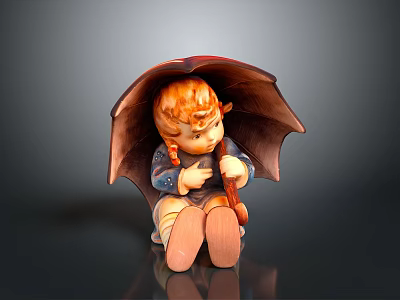 Adorable Red Haired Girl Figurine With Braids In Blue Dress Sitting Holding Brown Umbrella 3d model