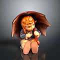 Adorable Red Haired Girl Figurine With Braids In Blue Dress Sitting Holding Brown Umbrella
