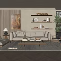 Cozy Living Room With Beige Sofas Wooden Decor Herringbone Floor Decorative Painting And Green Plant