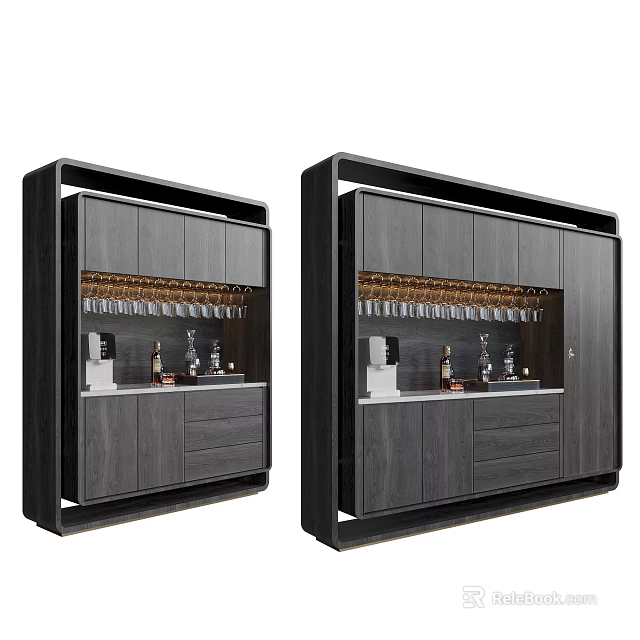 Modern Wine Cabinet Design With Double Units Dark Gray Cabinetry Glass Doors And Wine Racks 3d model 