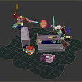 Red Blue And White Robot Warriors Fighting With Orange Pink Weapons And Vehicles