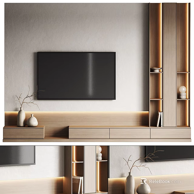Modern TV Wall Unit With Wooden Cabinets And Lighting 3d model 