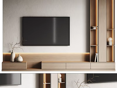 Modern TV Wall Unit With Wooden Cabinets And Lighting 3d model