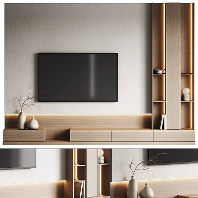 Modern TV Wall Unit With Wooden Cabinets And Lighting 3d model